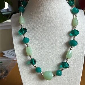 Green Beaded Necklace with Silver Accents